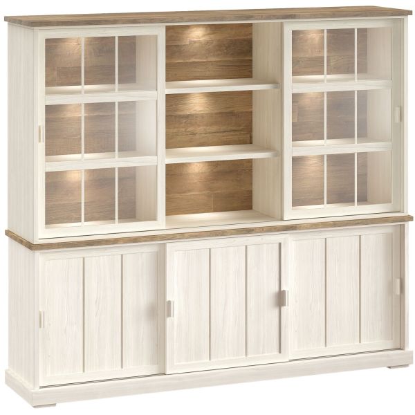 Wandkast Eldora 210x233x50 cm 2 glazen, 3 schuifdeuren en verlichting