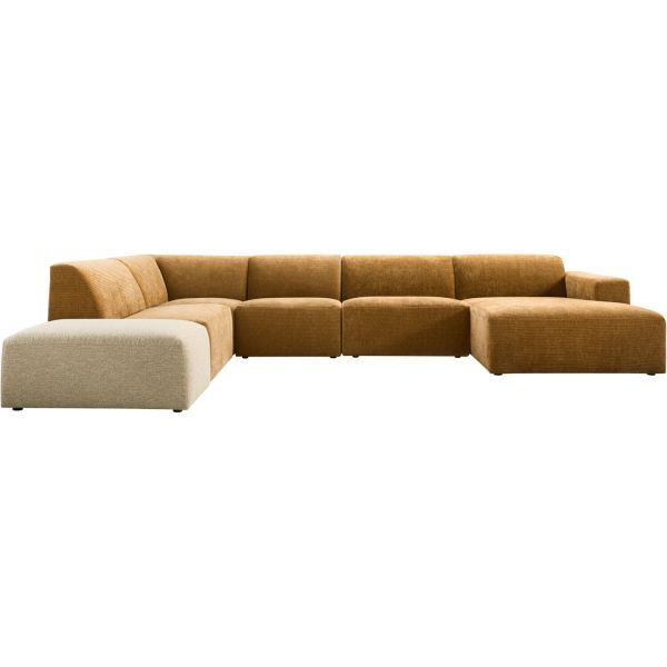 Hoekbank links Romont bruin + hocker beige